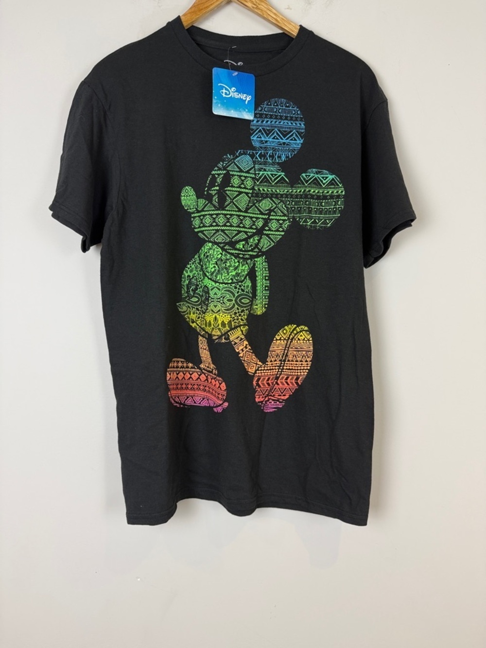 Disney Black Tee with Rainbow Aztec Mickey Silhouette